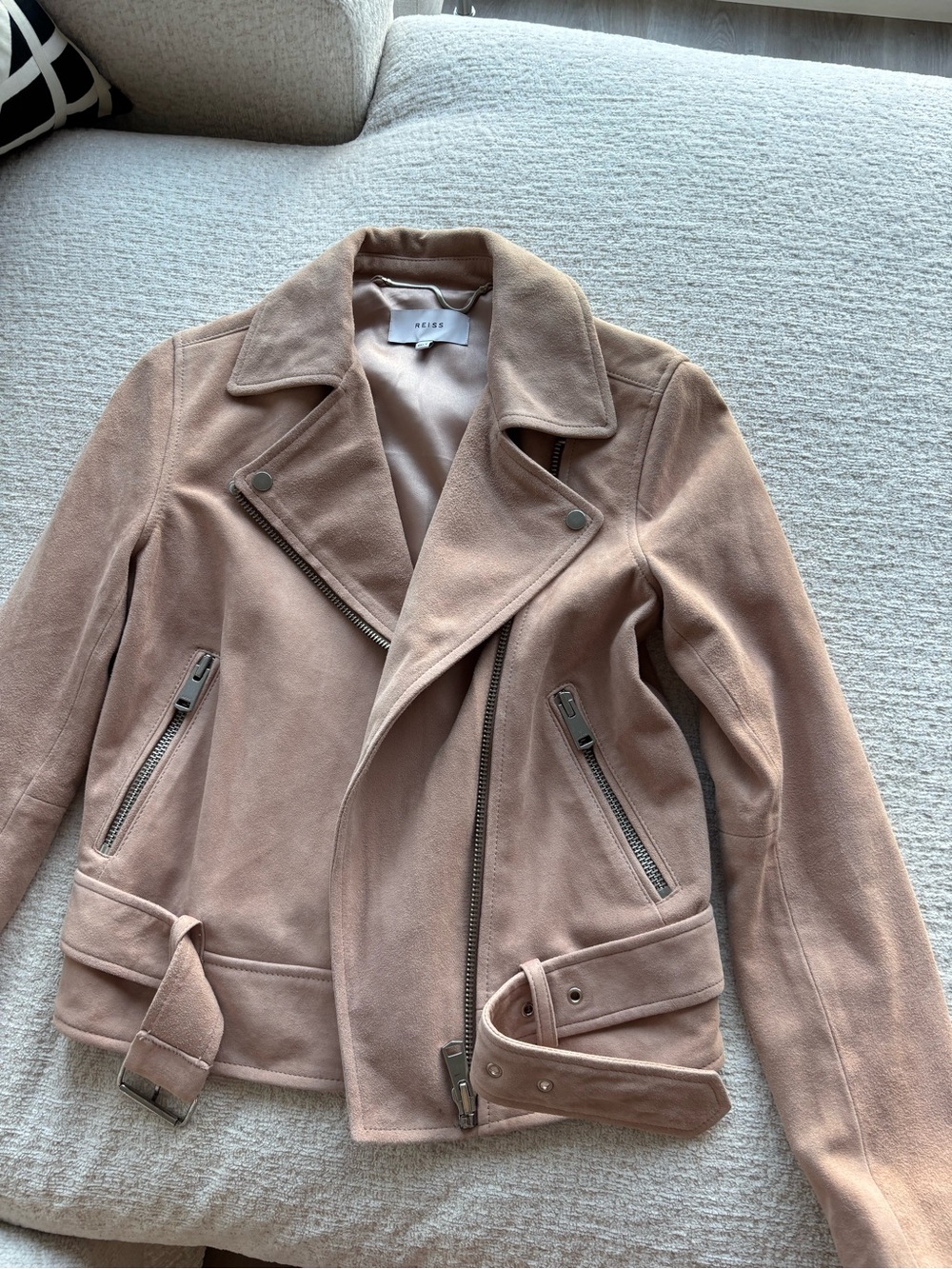 Reiss Suede Leather Moto Jacket - Blush Pink UK 8 / US 4 Brand New
